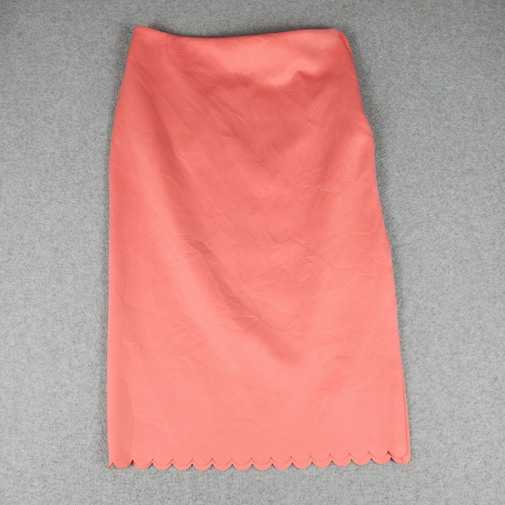 Worthington Pencil Skirt Women's 10 Coral Pink Scalloped Hem Side Zip Stretch